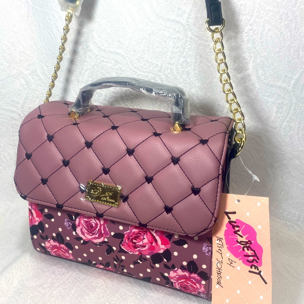 Betsey Johnson Crossbody purse hand bag mauve floral polka dots pink Rose purple